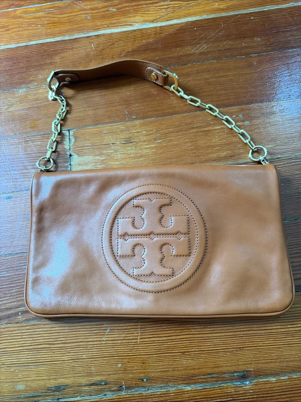 Tory Burch Reva Bombe Leather Clutch with Strap + Embossed Logo